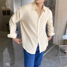 批发春秋季新款条纹褶皱设计感长袖<b class='q'>衬衫</b>男韩版轻奢风休闲宽松<b class='q'>衬衣</b>上衣