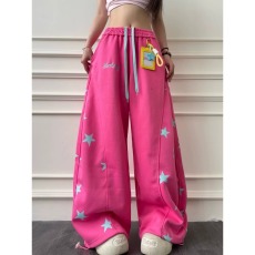 批发漂亮炮灰 美式复古星星印花休闲卫裤色宽松阔腿长裤<b class='q'>设计</b>感弯刀裤