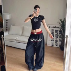 批发美式轻亚赛车撞色双腰头休闲裤男女夏季薄款宽松阔脚速干运动裤子