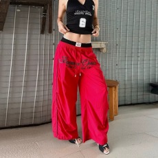批发美式轻亚赛车撞色双腰头休闲裤男女夏季薄款宽松阔脚速干运动裤子