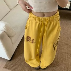 批发OpenUp 泽西风豹纹拼接条纹休闲卫裤男女款潮牌宽松阔腿弯刀裤女