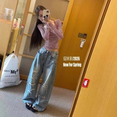 批发美式复古破洞阔腿牛仔裤男做旧水洗宽松直筒高街潮牌拖地长裤潮流