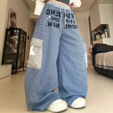 批发cleanfit复古条纹字母印花慵懒休闲裤宽松垂感大口袋<b class='q'>设计</b>感阔腿裤