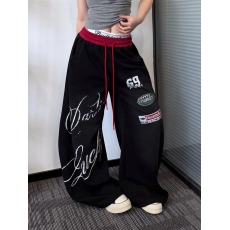 批发Wowac美式<b class='q'>街头</b>做旧标签斑驳字母印花卫裤男女宽松弯刀阔腿休闲裤