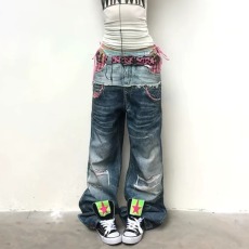 批发<b class='q'>大码</b>美式街头个性格纹拼接双腰牛仔裤男女潮牌宽松直筒阔腿<b class='q'>长裤</b>潮