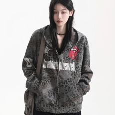 批发美式<b class='q'>街头</b>个性豹纹滚石印花连帽卫衣男女秋季宽松亚文化开衫外套潮