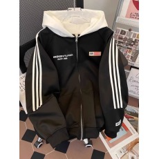 批发复古拼接三条杠<b class='q'>连帽卫衣</b>男潮牌新款春秋拉链棒球服开衫夹克外套男