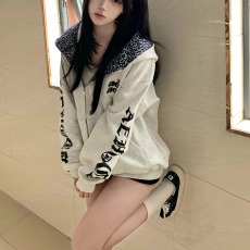 批发美式高街梵文字母豹纹<b class='q'>连帽卫衣</b>外套男女宽松oversize拉链开衫潮