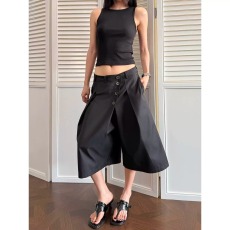 批发<b class='q'>夏</b>季老钱风排扣七分西裤男女复古cleanfit垂感简约纯色宽松阔腿裤