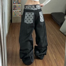 批发美式复古做旧弯刀牛仔<b class='q'>裤</b>女款街头<b class='q'>嘻哈</b>洗水重工宽松情侣阔腿<b class='q'>裤</b><b class='q'>长裤</b>
