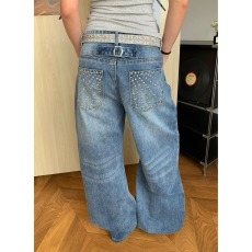 批发美式复古烫珠巴黎扣弯刀牛仔裤男女同款铆钉浅蓝色阔腿显瘦<b class='q'>休闲</b>裤