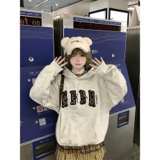 批发美式高街帽里豹纹贴布刺绣卫衣女秋冬季连帽套头情侣外套