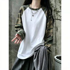 批发cleanfit美式迷彩拼接长袖t恤男女秋季<b class='q'>宽松</b>圆领<b class='q'>打底衫</b>小领口卫衣