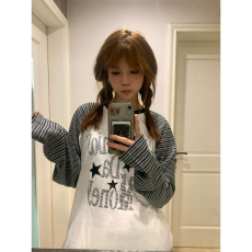批发美式高街星星条纹长袖t恤女早秋季宽松慵懒<b class='q'>设计</b>感打底衫上衣