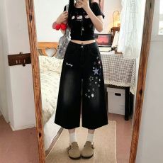 批发美式满天星星贴布黑色牛仔短裤<b class='q'>女</b>2026新款个性ins刺绣阔腿<b class='q'>七分裤</b>