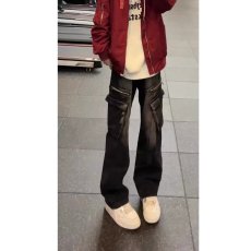 批发黑色弯刀牛仔裤<b class='q'>男</b>款美式高街多口袋工装裤子显瘦直筒不贴身微喇裤