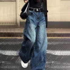 批发美式复古水洗做旧解构设计感牛仔裤<b class='q'>男</b>潮牌痞帅宽松直筒阔腿弯刀裤