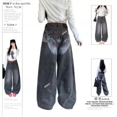 批发反穿星星翅膀印花设计感<b class='q'>牛仔裤</b>男<b class='q'>女</b><b class='q'>个性</b>baggy阔腿垂感长裤子潮