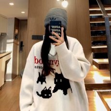 批发潮流<b class='q'>时尚</b>猫咪慵懒风毛衣男秋冬针织衫外套美式复古oversize<b class='q'>情侣装</b>
