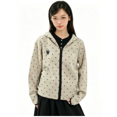批发韩系<b class='q'>甜美</b>波点连帽开衫卫衣女春秋宽松撞黑边刺绣拉链休闲百搭外套