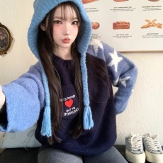 批发美式风撞色拼接星星设计感毛衣套头插肩男<b class='q'>女</b>秋慵懒美式针织衫<b class='q'>上衣</b>