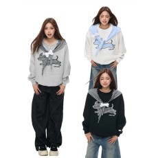 批发美式学院风小狗刺绣蝴蝶结连帽卫衣<b class='q'>女</b>慵懒风<b class='q'>上衣</b>