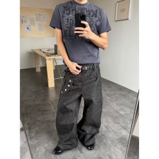 批发百搭原宿拼皮牛仔裤夏季阔腿重工皮口袋<b class='q'>设计</b>深色显瘦休闲裤潮流