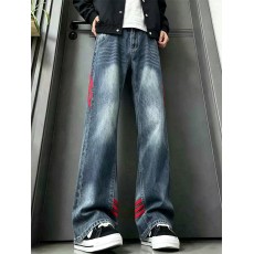 批发复古蓝条纹拼接微喇<b class='q'>牛仔裤</b><b class='q'>男</b>款美式vibe三条杠裤子高街<b class='q'>修身</b>直筒裤