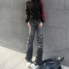 批发美式大码复古水洗立体猫须弯刀<b class='q'>牛仔裤</b>男女潮牌高腰百搭排扣直筒裤