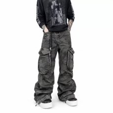 批发2026秋季美式复古褶皱多口袋迷彩工装<b class='q'>牛仔裤</b>男女潮牌宽松直筒裤