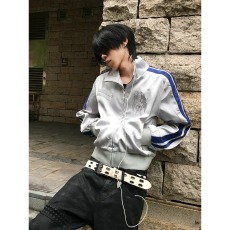 批发锻面拼接蓝织带豹纹立领刺绣夹克男美式<b class='q'>街头</b>千禧风高级感短款外套