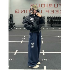 批发美式复古藏青色刺绣休闲阔腿长<b class='q'>裤</b>男女款慵懒版型宽松<b class='q'>百搭</b>运动棉<b class='q'>裤</b>