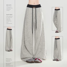 批发美式米灰撞色条纹针织休闲裤<b class='q'>女</b>宽松慵懒垂感显瘦百搭阔腿直筒<b class='q'>长裤</b>