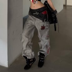 批发美式街头双腰头拼接牛仔裤男<b class='q'>女</b>秋季高街设计感小众微喇<b class='q'>长裤</b>子