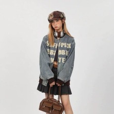 批发美式潮牌棒球服字母贴布牛仔外套男宽松<b class='q'>春</b>秋情侣撞色夹克