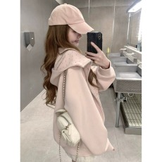 批发韩系粉色学院风波点连帽卫衣女秋季宽松慵懒甜美百搭拉链开衫外套