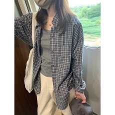 批发无品牌原宿韩版蓝色格子长袖衬衫女春季慵懒ins新款慵懒潮流百搭