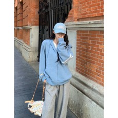 批发美式休闲百搭华夫格条纹连帽卫衣女秋季新款慵懒宽松双拉链外套