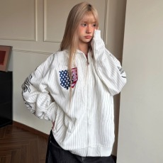 批发美式复古徽章条纹连帽卫衣春秋男女宽松bf休闲拉链外套潮牌