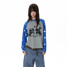 批发星星印花拼接假两件<b class='q'>男</b>女美式街头轻亚复古华夫格春秋<b class='q'>长袖</b><b class='q'>t</b><b class='q'>恤</b>潮流