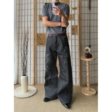 批发高端潮牌烫印裤子男2026新款秋冬季印花男士牛仔裤弹力修身小脚裤