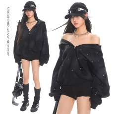 批发美式高街复古扎染珍珠点缀喷绘连帽卫衣<b class='q'>男</b>女<b class='q'>休闲</b>百搭宽松开衫上衣