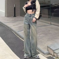 批发大码<b class='q'>女装</b>美式复古水洗做旧牛仔裤女秋季新款宽松显瘦阔腿<b class='q'>裤子</b>