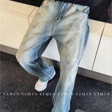 批发美式高街泼墨水洗牛仔裤男复古设计感阔腿宽松直筒弯刀<b class='q'>裤子</b>