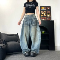 批发小众设计泥染做旧阔腿<b class='q'>牛仔裤</b>男女复古高街水洗拖地长裤