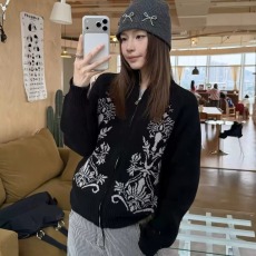 批发花卉黑色毛衣开衫男女秋<b class='q'>冬</b>内搭立领美式复古外穿针织衫上衣潮百搭