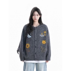 批发美式潮流花卉刺绣开衫毛衣秋<b class='q'>冬</b>高级感松弛感针织衫上衣外套毛衣