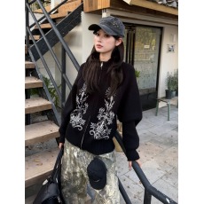 批发花卉黑色毛衣开衫男女秋<b class='q'>冬</b>内搭立领美式复古外穿针织衫上衣潮百搭