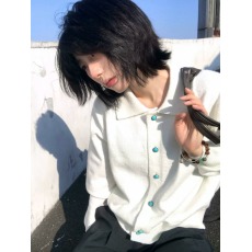 批发白色绿松石毛衣开衫男<b class='q'>秋</b>季boxy老钱风翻领针织衫美式cleanfit外套
