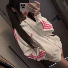 批发美式复古星星立领拉链外套女秋<b class='q'>冬</b>学院风宽松休闲运动夹克白色外套